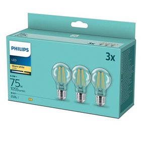 3 Becuri LED Philips Classic A60, E27, 8.5W (75W), 1055 lm, lumina calda (2700K), cu filament